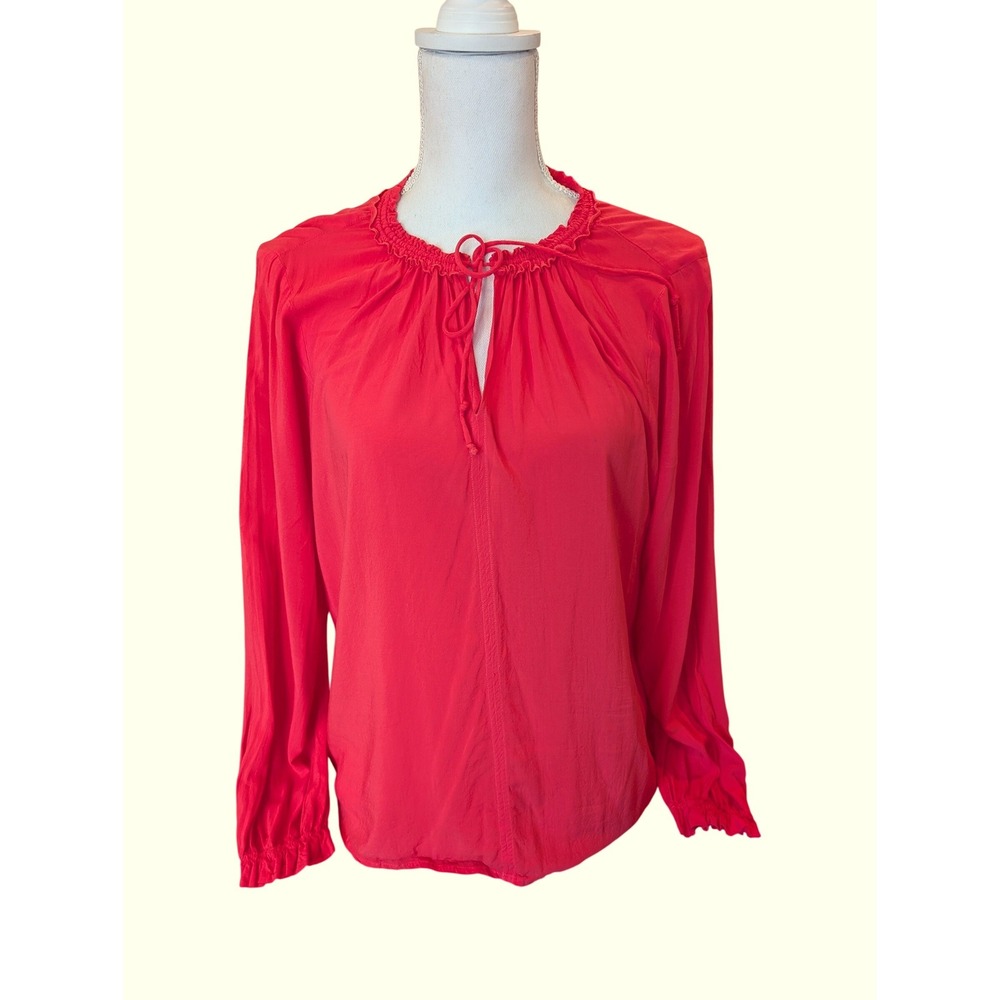 Velvet by Graham & Spencer Blouse Coral Viscose Ruffle Tie Neck Peasant Small